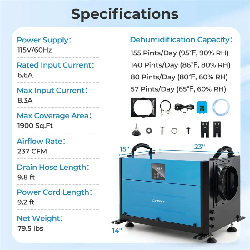 155 PPD Commercial Dehumidifier, 1900 Sq.Ft Crawl Space Dehumidifier with Drain Hose, Auto Defrost, 3 Modes & 24H Timer for Basement, Warehouse