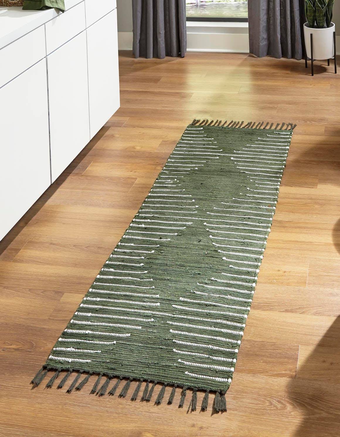 Chindi Cotton Green 6 ft Runner Area Rug | HandKnotted.com