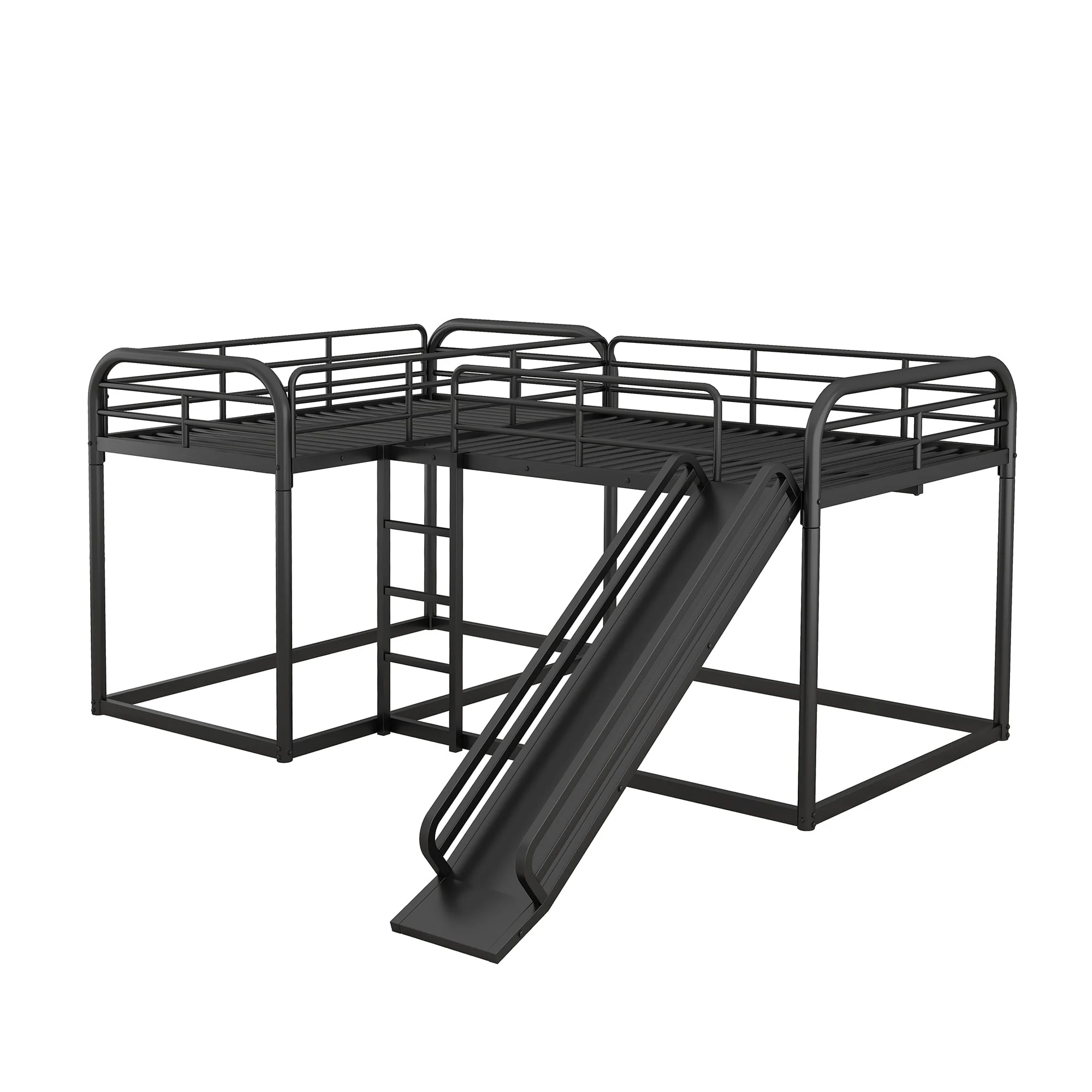 Full and Twin Size L Shaped Quadruple Metal Bunk Bed with Slide for Kids, Black Image 7