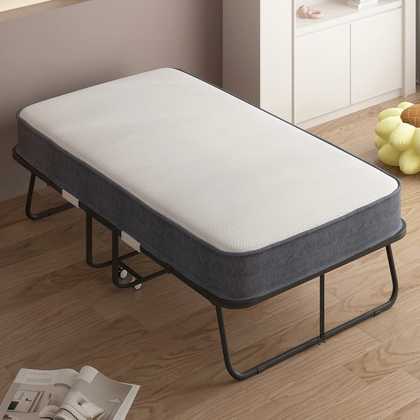 Folding Bed with Mattress for Adults, Foldable Bed with 4''Memory Foam Mattress, Portable Rollaway Guest Bed with Dustproof Bag Baffle, Fold up Bed with Metal Frame Space Saving (Standard)