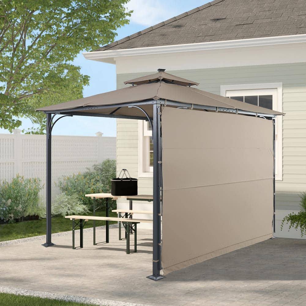 TOPMAX Patio 9.8 ft.L x 9.8 ft.W Gazebo with Extended Side Shed/Awning and LED Light for Backyard,Poolside, Deck, Brown