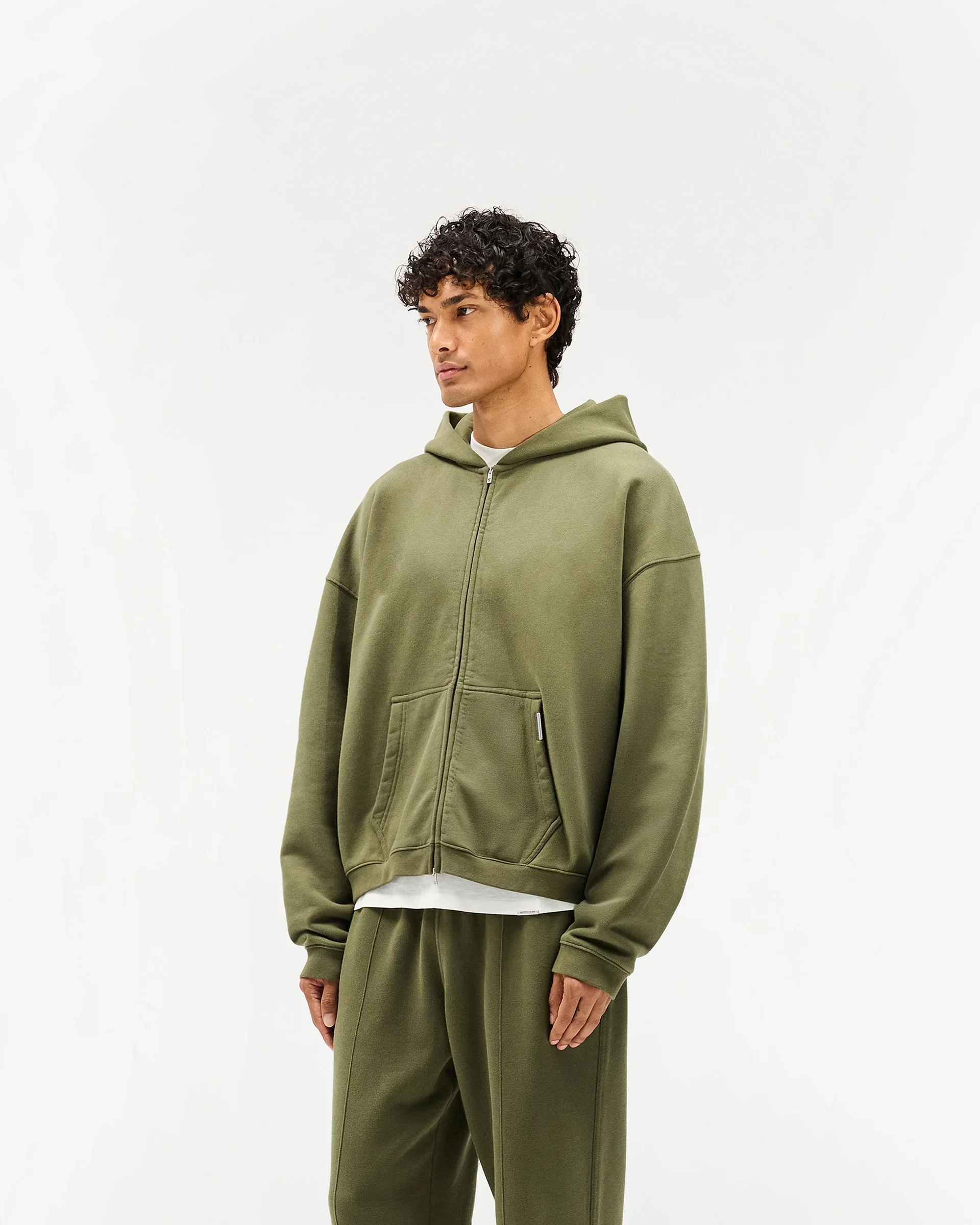 Initial Boxy Zip Through Hoodie - Army Green