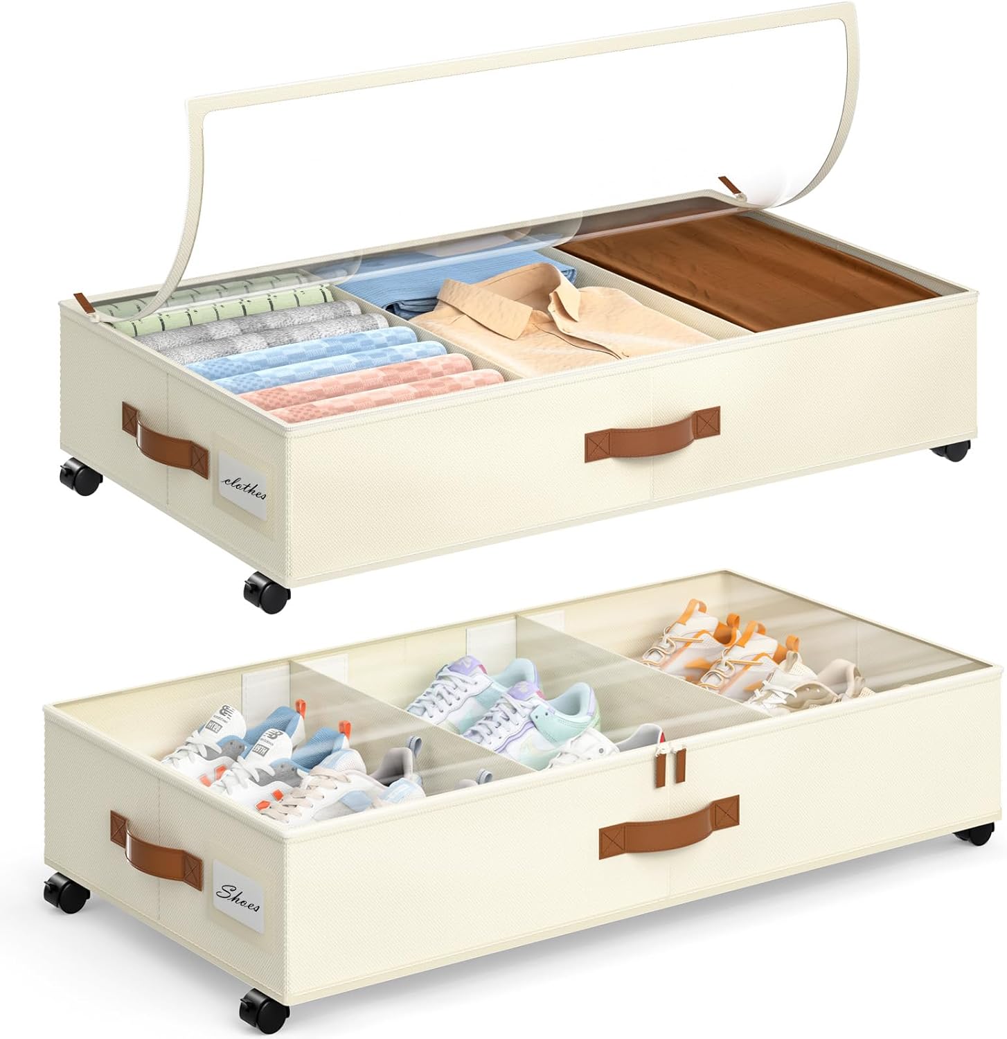 Yecaye Under Bed Storage with Wheels, 2 Pack Under Bed Storage Containers with Adjustable Dividers & Clear Lid, Rolling Underbed Organizer Bins Drawer for Clothes, Shoes, Blankets (30.3 x 16 x 6.7in)