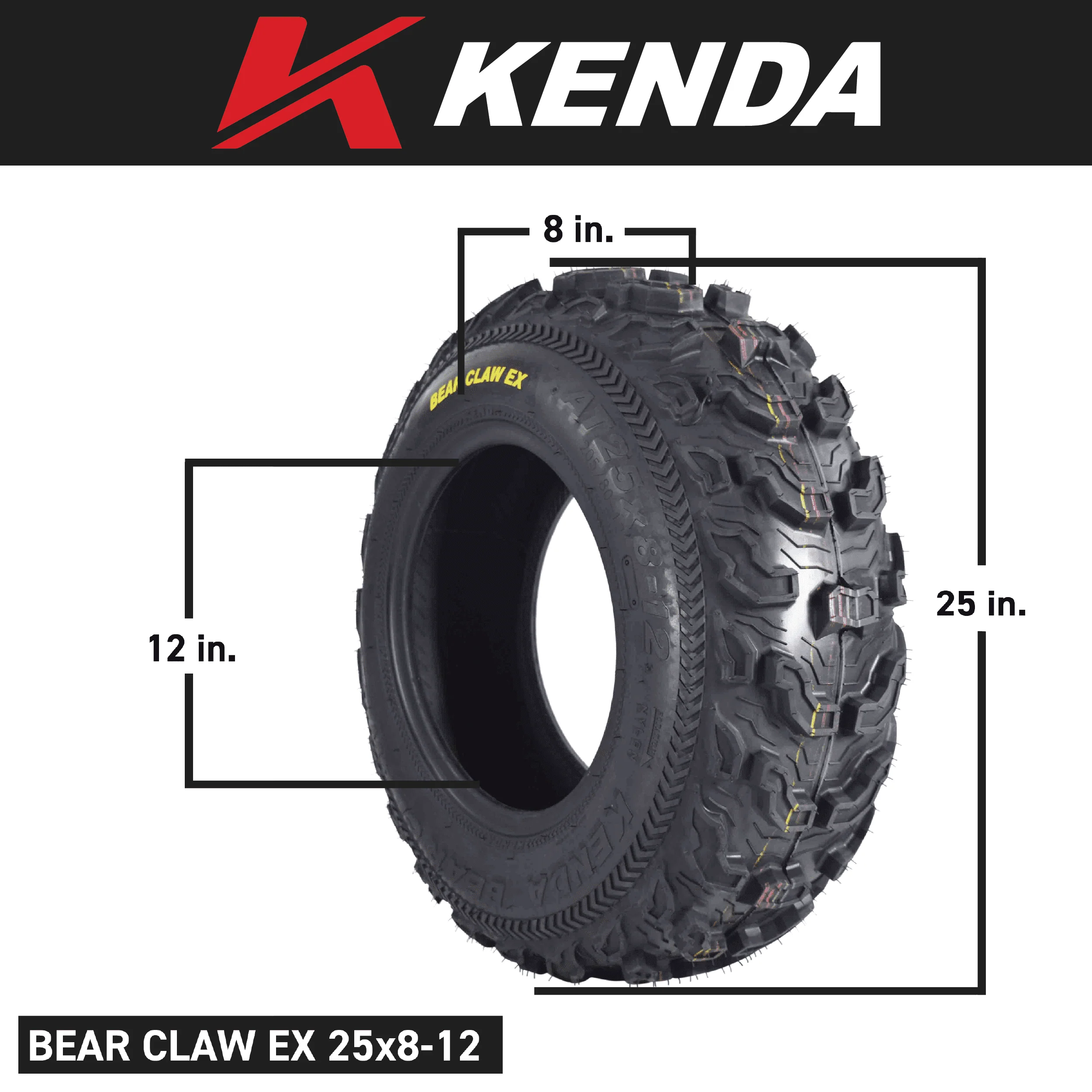 Kenda Bear Claw EX (2) 25x8 - 12 Front & (2) 25x11 - 10 Rear ATV 6 PLY Tires 4 Pack Set