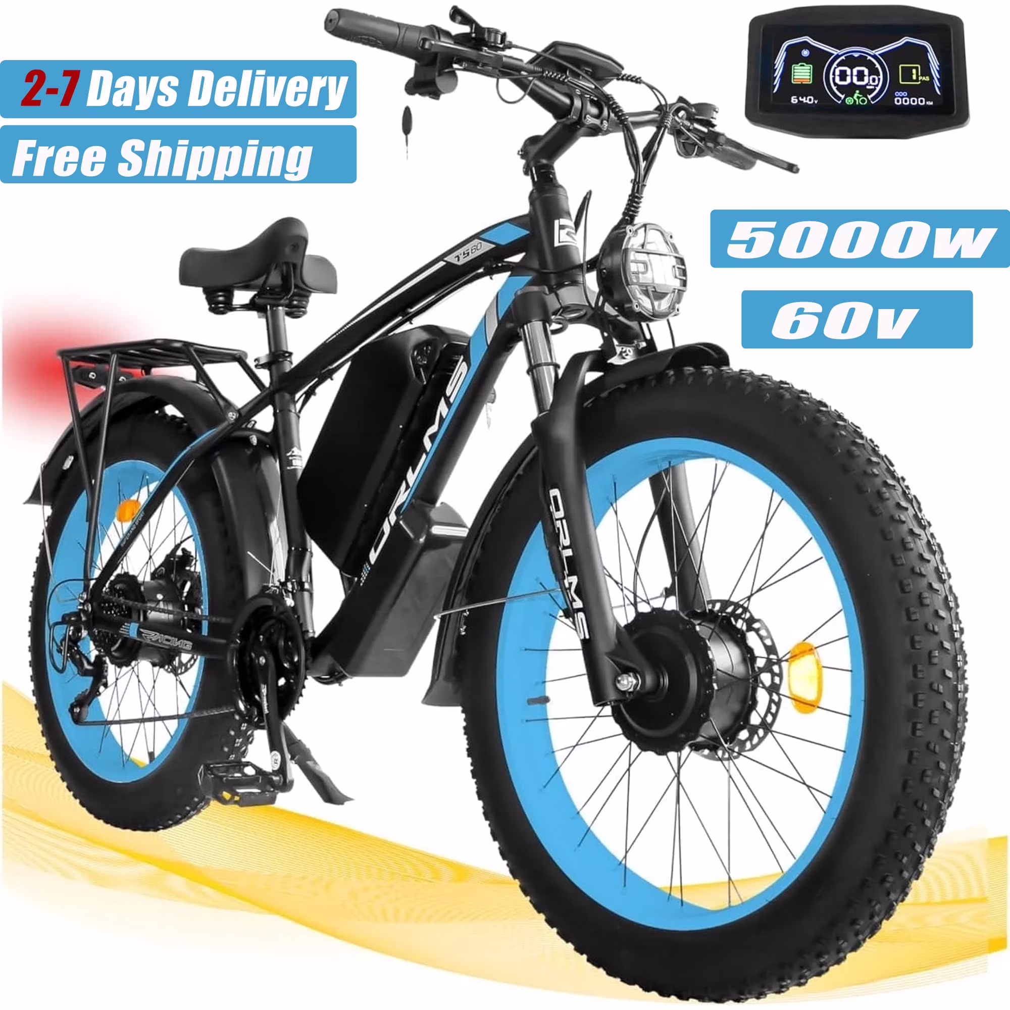 5000w Peak Dual Motor Electric Bike, 26" Fat Tire 21 Speed 45 MPH Commuter Mtb, 60V 25AH Front Suspension Ebike(Black-Green) - Image 5