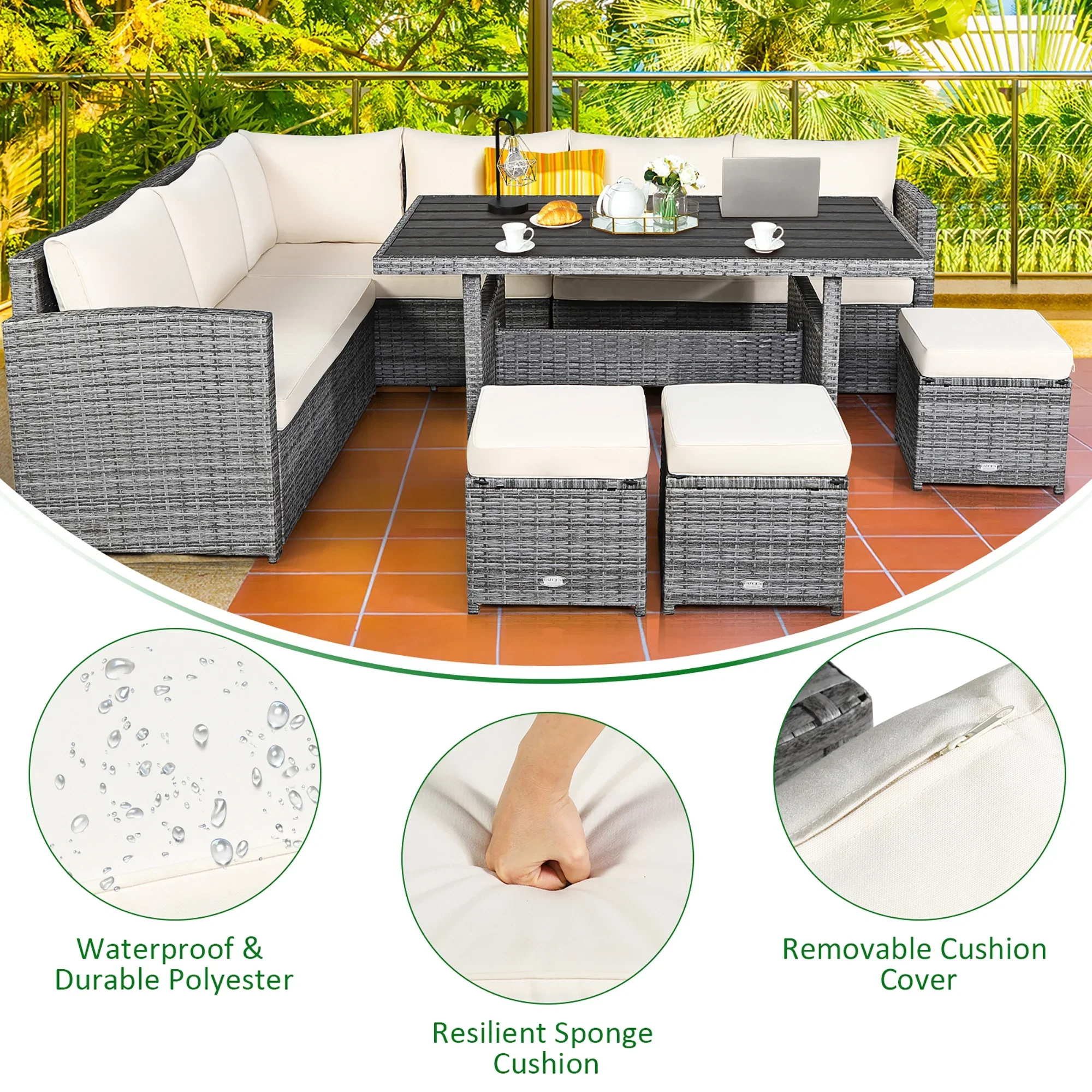 Costway 7 PCS Patio Rattan Dining Set Sectional Sofa Couch Ottoman Garden Red