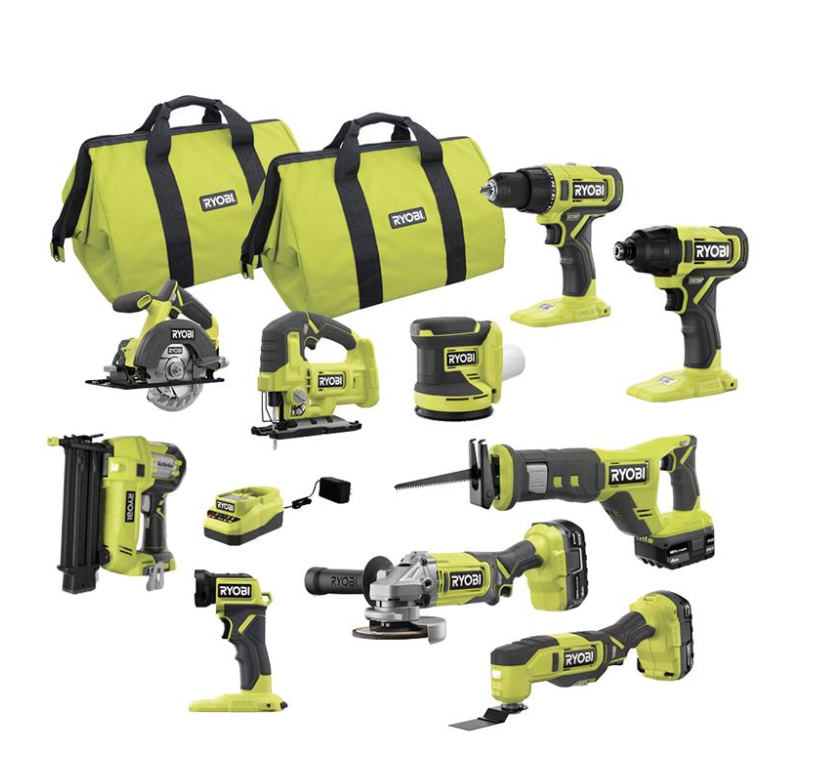 Kit combiné sans fil RYOBI ONE+ 18V 2025, comprenant 10 outils, 3 batteries et un chargeur PCK750KN