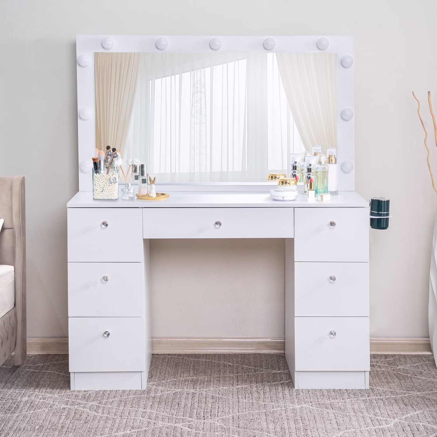 Naomi Home Vera Makeup Deluxe Vanity Table Set, 7 Drawers, 11 Lights, Oversized Mirror, White(White)