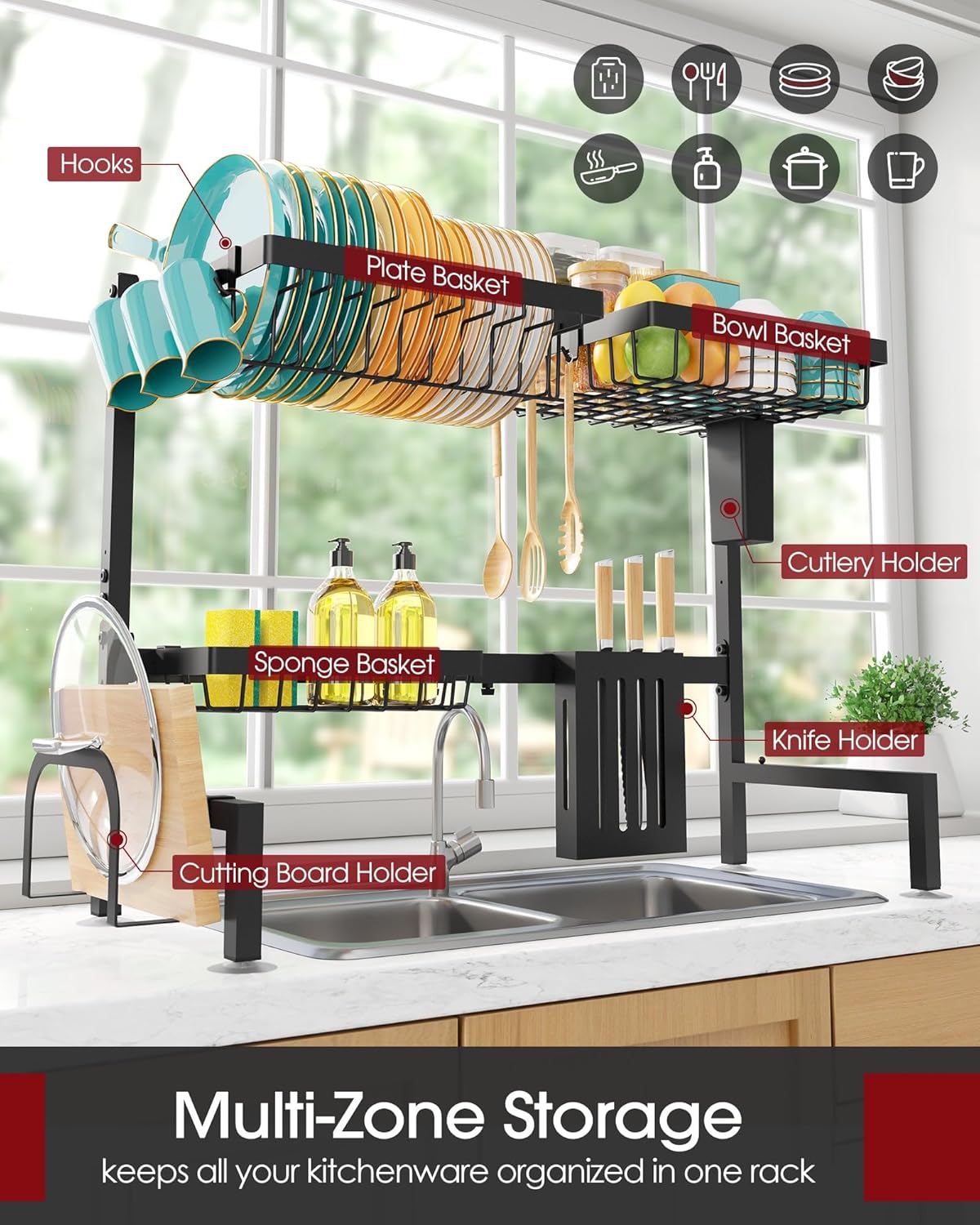 Sakugi Over The Sink Dish Drying Rack - Adjustable 2 Tier Large Capacity Stainless Steel Drainer with Cutlery & Utensil Holders, Kitchen Storage & Organization, 30