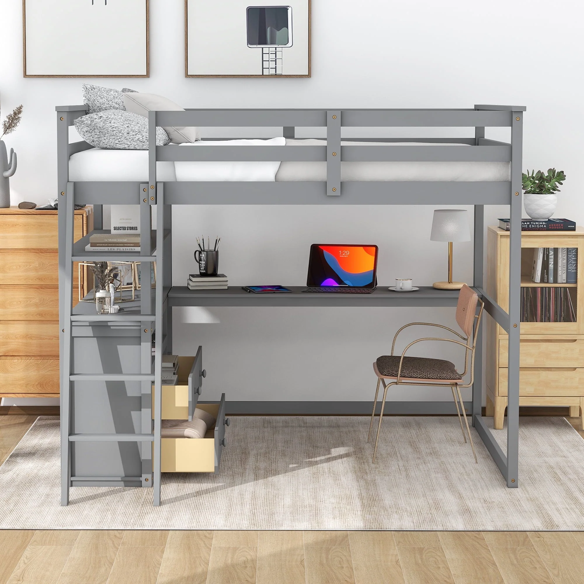 Euroco Full Size Wood Loft Bed with Desk, Shelves and Cabinets for Kids Room, Incline Ladder and 3 Drawers, Gray Image 3