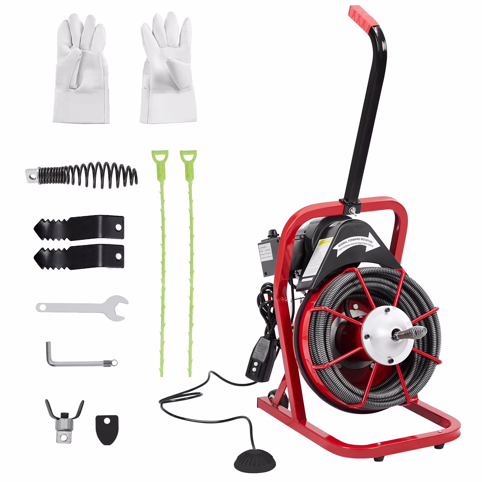 Drain Cleaner Machine 50FT/75FT/100FT x 3/8-inch/1/2-inch Sewer Auger Electric Drain Auger Sewer Snake with 4 Cutter, Air-Activated Foot Switch, Gloves(250W-50FT-1/2inch) - Image 6
