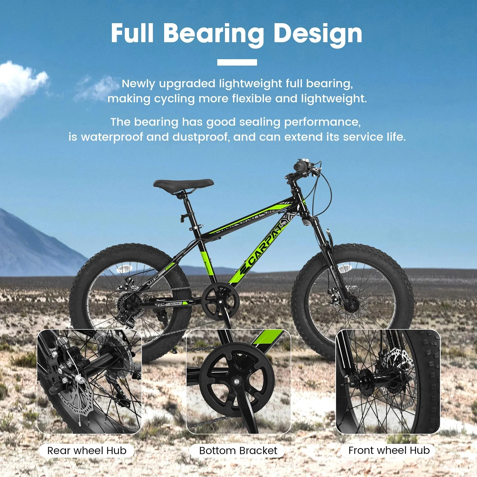 20 Inch Men-Lightweight Fat Tire Bike, High Carbon Steel Frame, Front Suspension, 7-Speed, Ideal for Snow and Off-Road Riding, Green