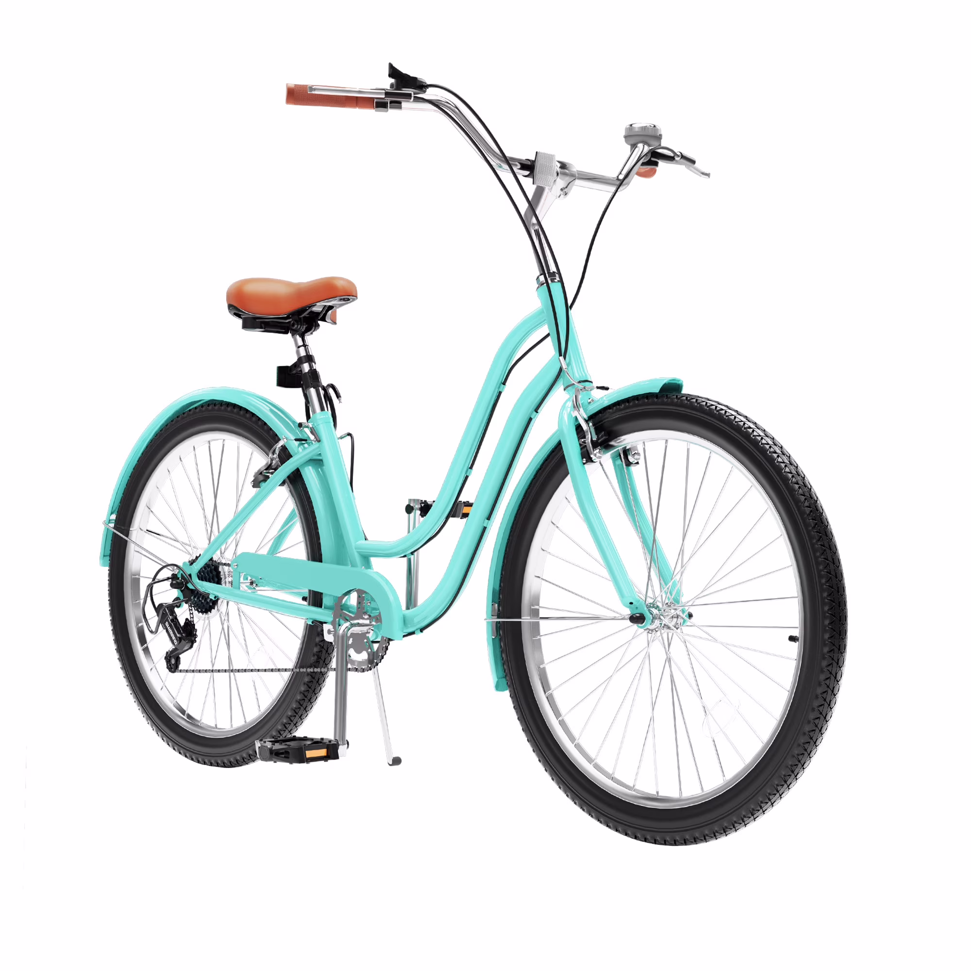 Uforic24'' Beach Cruiser Bike, 7 - Speed, Step - Through Bicycle for Men & Women, Steel Frame, Mint Green