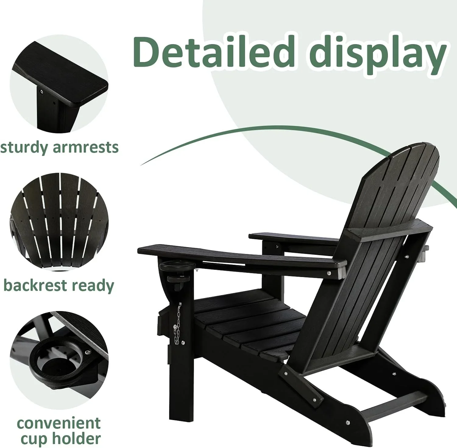Withniture Folding Adirondack Chairs with Cup Holder, HDPE Adirondack Wood Textured Chairs for Terrace, Lawn, Garden, Backyard Deck(Black)