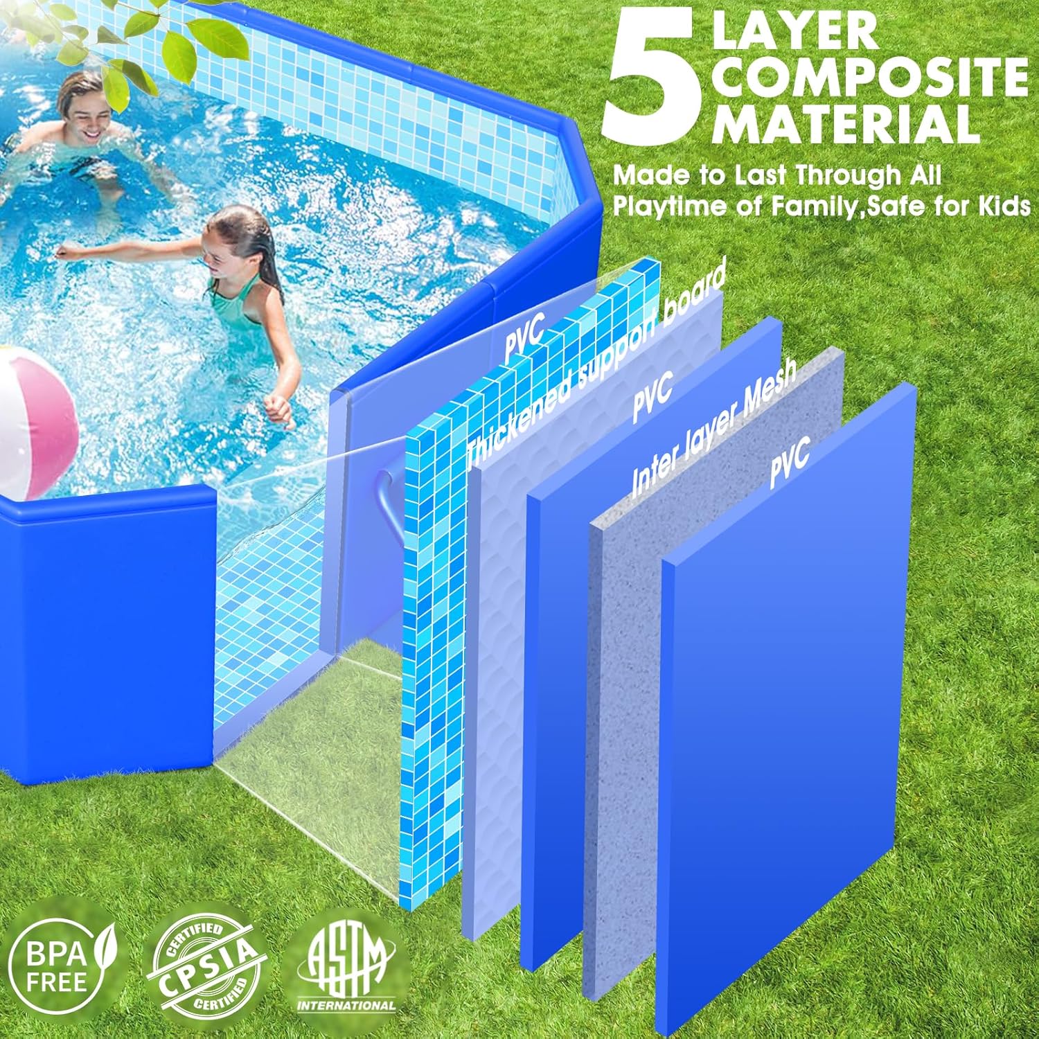 Piscine pliable, grande piscine non gonflable pour enfants, piscine pliable pour adultes, coque rigide en plastique épais, grande taille, piscine pliable portable pour enfants pour jardin - Motif mosaïque - 292 x 168 x 51 cm