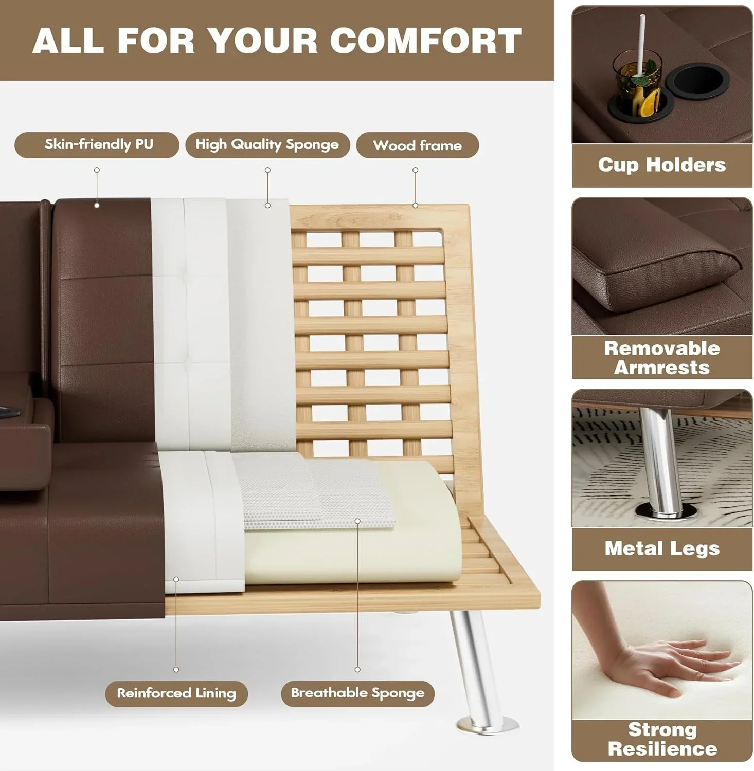 Canapé-lit futon Homall en cuir avec accoudoirs et fauteuil inclinable réglable
