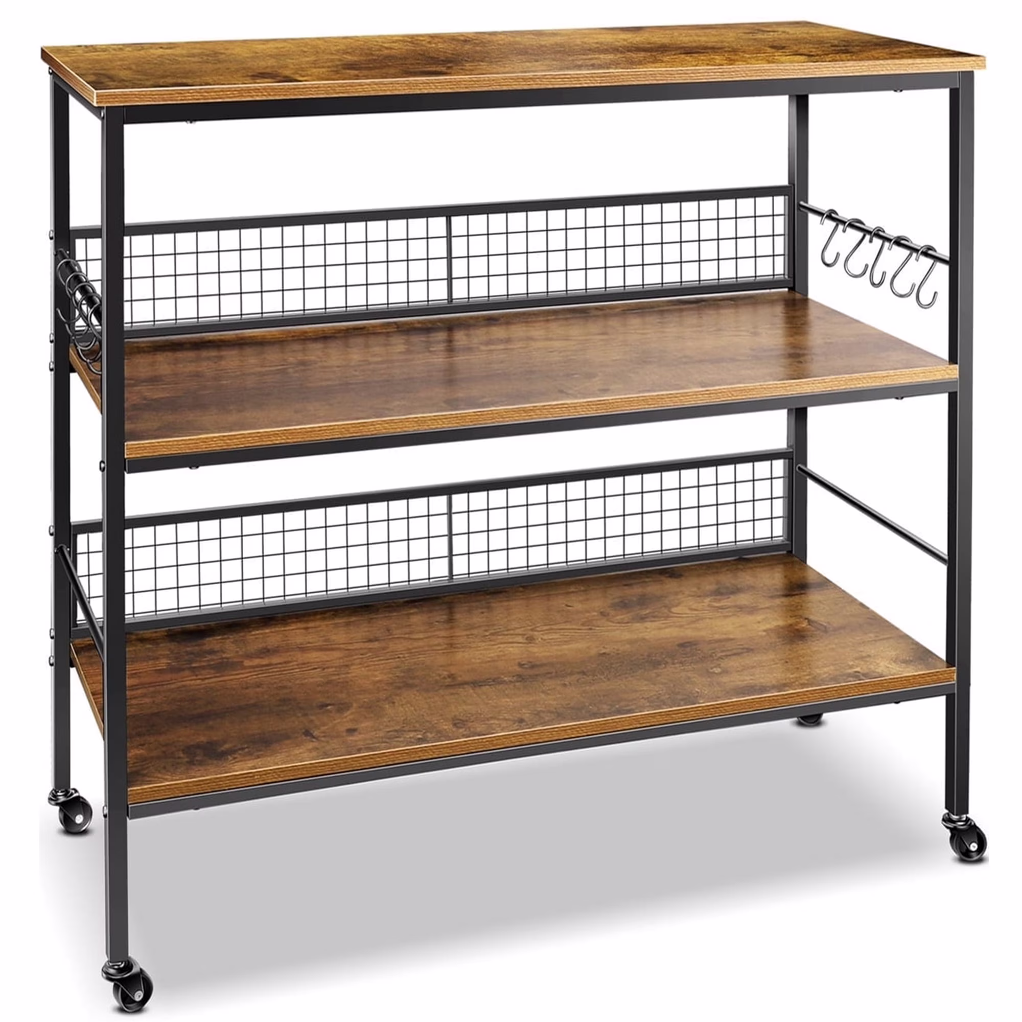 3-Tier Rolling Cart Microwave Stand with 10 Hooks, Coffee Bar Kitchen Storage Rack Organizer, Rustic Brown(Brown)