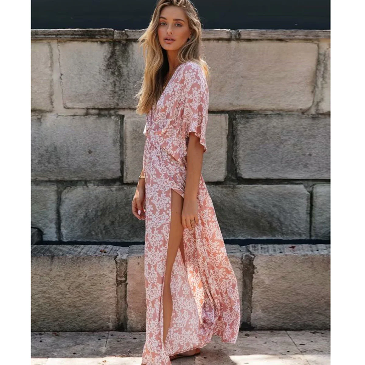 Robe midi bohème fendue rose poudré