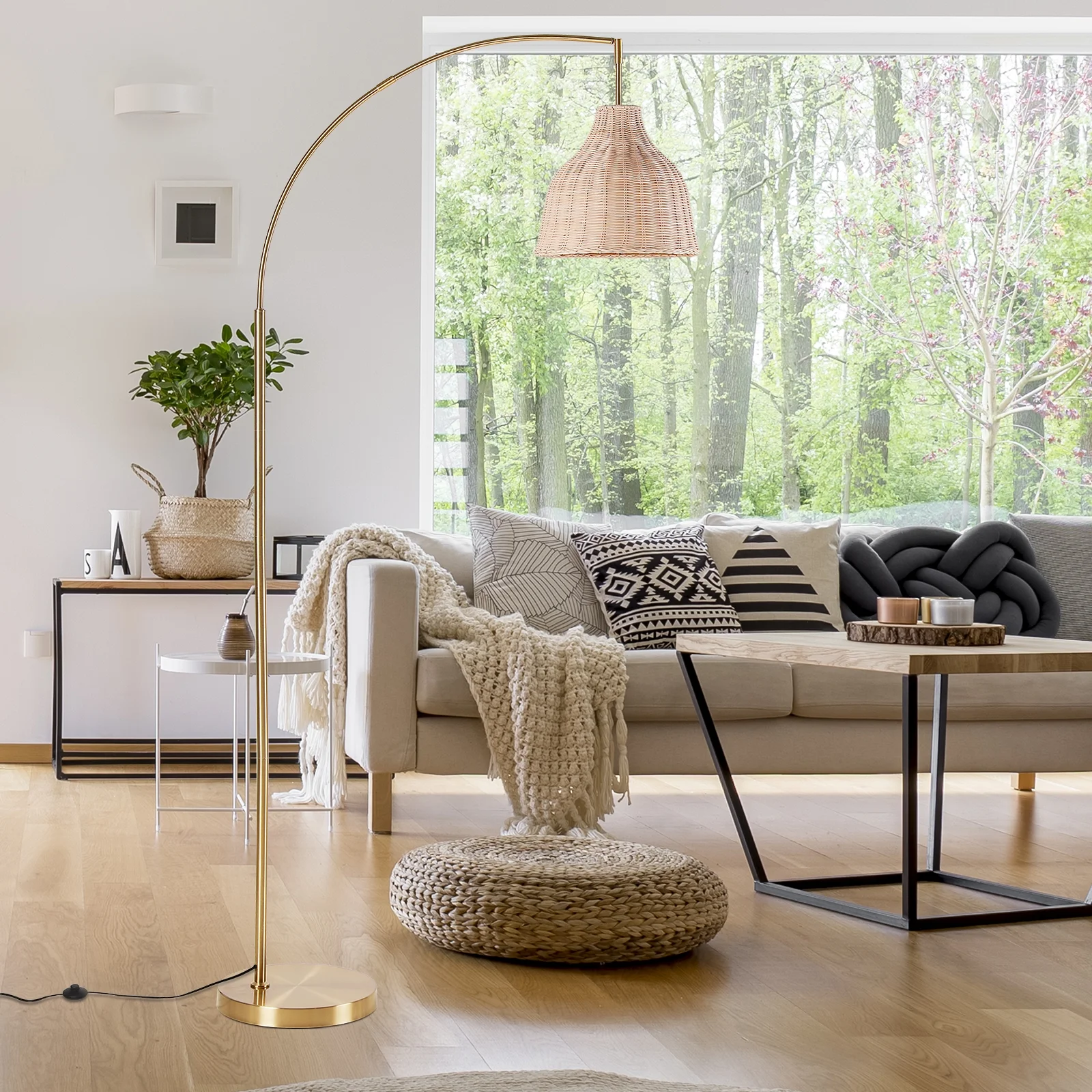 72 inch Arched Rattan Floor Lamp, Fabric Retro Boho Farmhouse Rustic Standing Lamp for Living Room, Bedroom, Office, 9W Foot Switch 3 Color Temperature, Gold(Gold) - Image 9