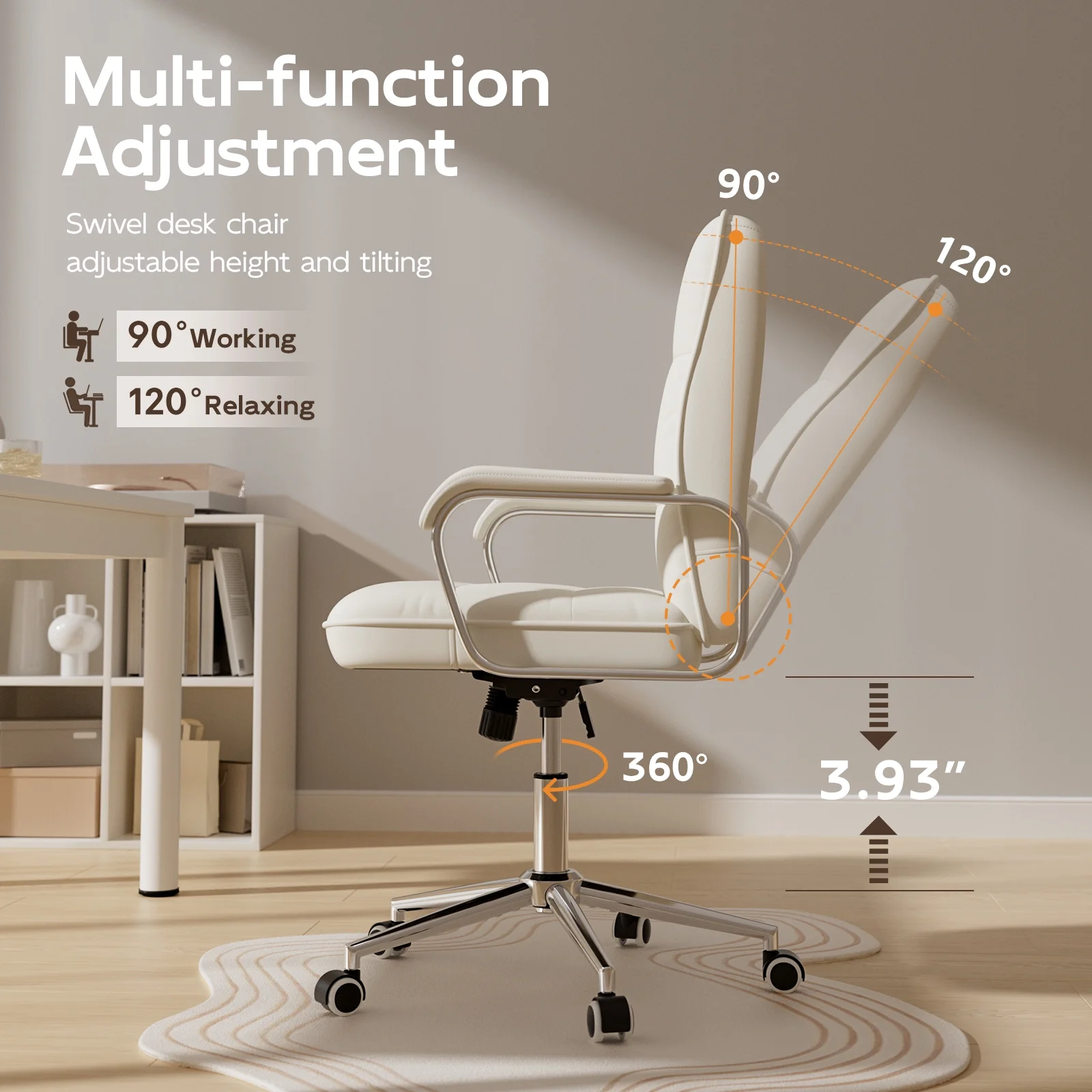 White Office Chair, Swivel Leather Computer Desk Chair with Wheels and Padded Arms, Executive Office Chair for Adults(White) Image 9