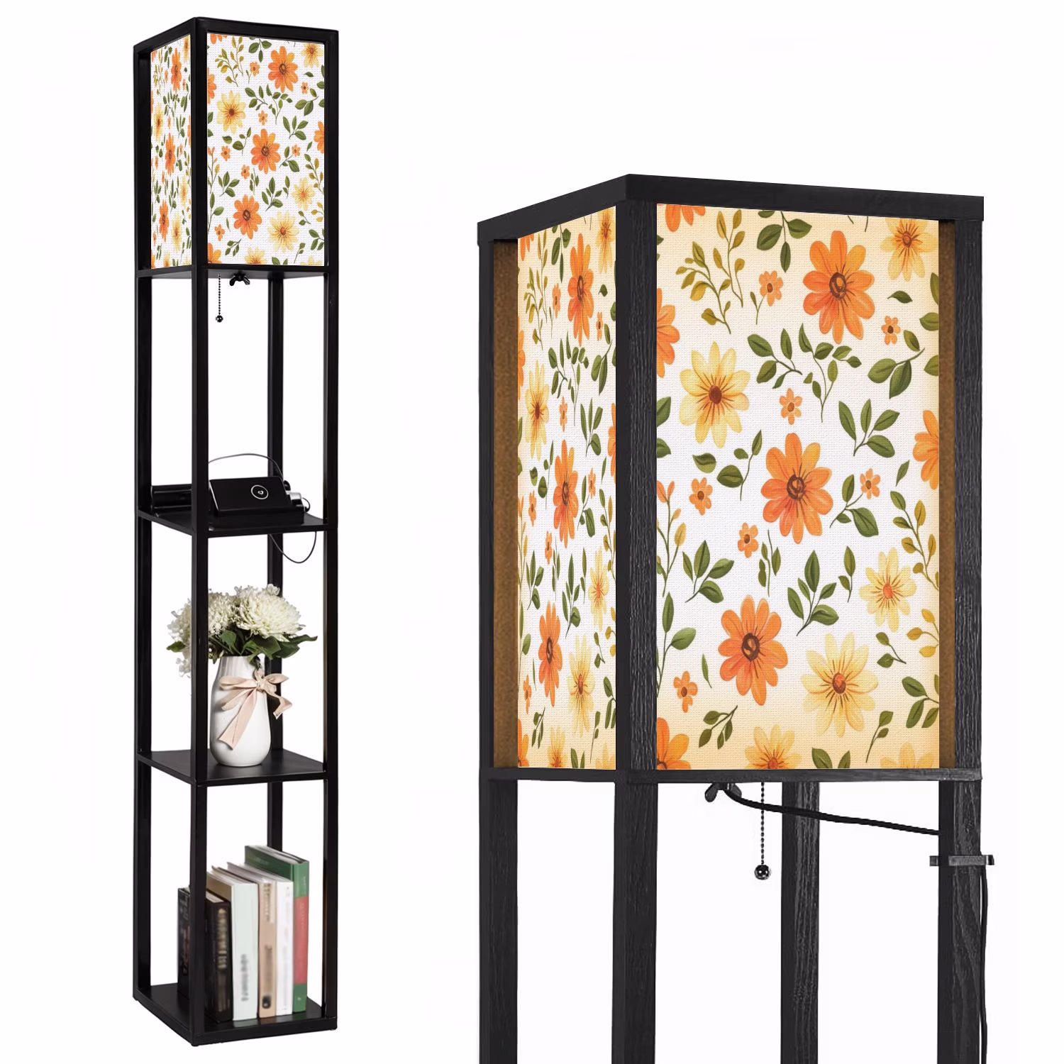 Floor Lamp with Shelves,Modern Dimmable Standing Lamp Floral Corner Display Bookshelf Lamp with 2 USB 1 Power Outlet for Living Room Bedroom(Color-5) - Image 7
