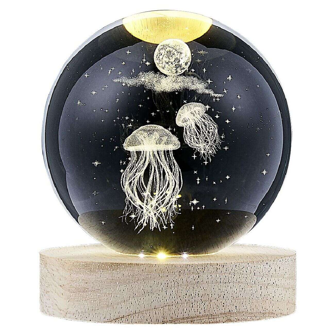 Boule de cristal gravée socle LED thème méduse Ø9xH10cm