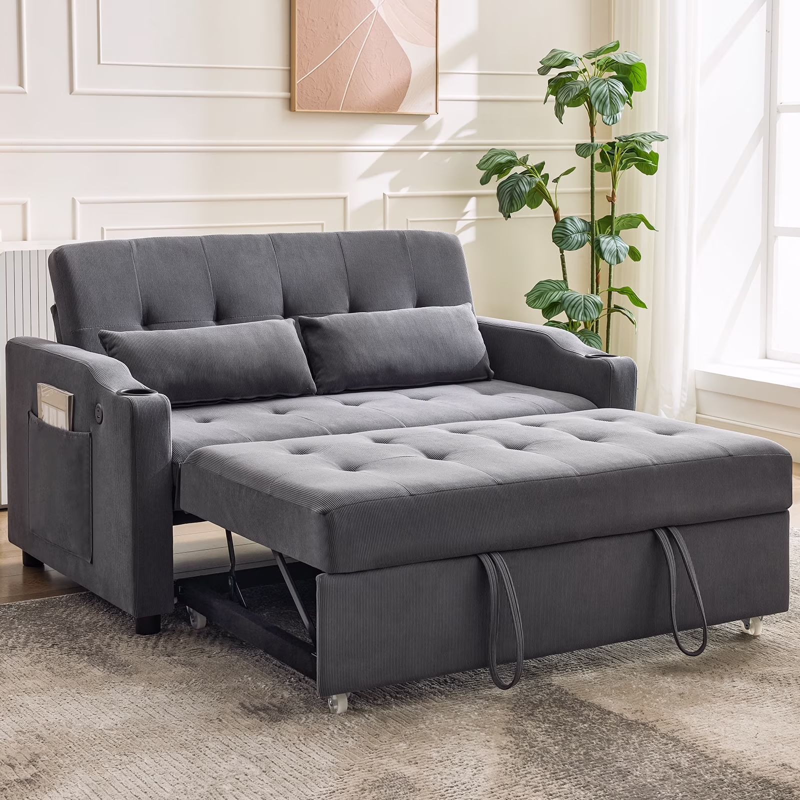 3 in 1 Convertible Sleeper Sofa Bed, Corduroy Futon Couches with Pull-Out Bed, Adjustable Backrest, Charging Port Side Pockets, Modern Upholstered Sofa for Living Room, Guest Room(Queen/Corduroy | Black) - Image 5