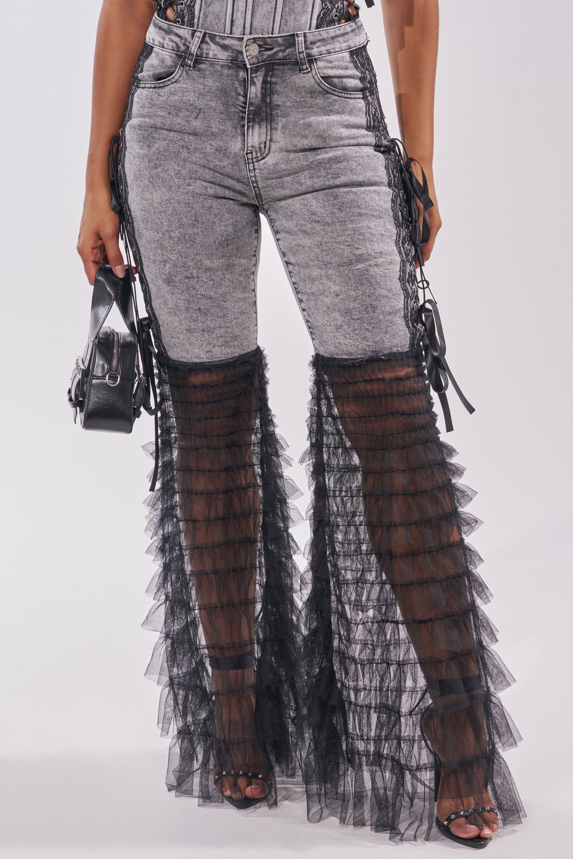 TICKED AND TIED LACE DETAIL FLARE DENIM - Akira Store