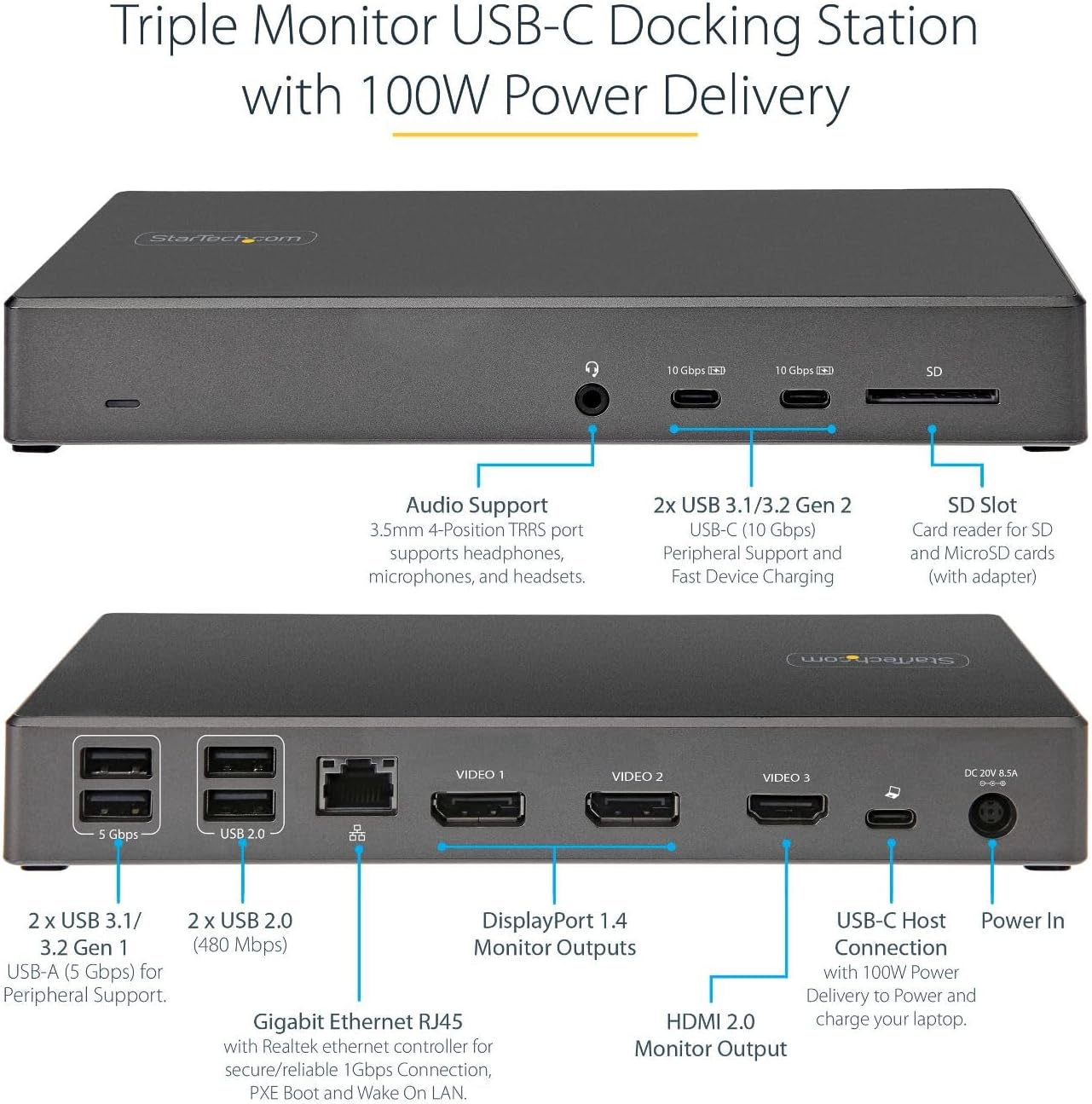 StarTech.com USB C Triple 4K Monitor Docking Station - 100W Power Delivery - DP 1.4 Alt Mode & DSC  2 DisplayPort/HDMI 2.0-6 USB (2 at 10Gbps)  SD - Windows/Chrome (DK31C2DHSPD) - Black & Space Gray