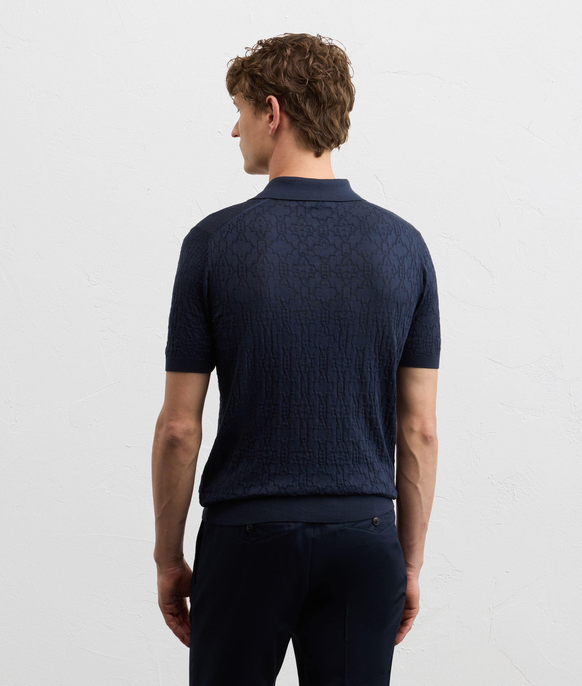NAVY BLUE SILK AND COTTON KNITTED SHORT SLEEVED POLO SHIRT WITH GEOMETRIC PATTERN