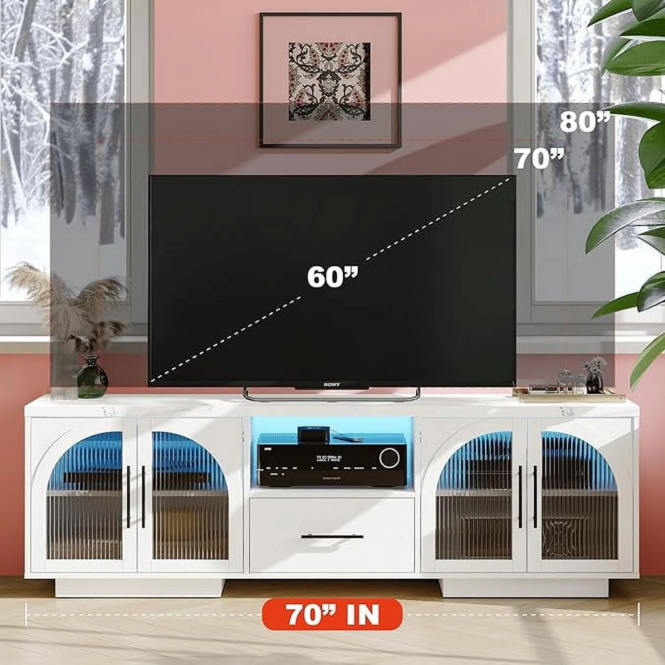 TV Stand for 75 inch TV, LED TV Stand for Living Room,70" Entertainment Center with Arched Glass Doors, Faux Marble Wood Finish Top, Adjustable Shelves, and LED Lighting, Black(Black) - Image 9