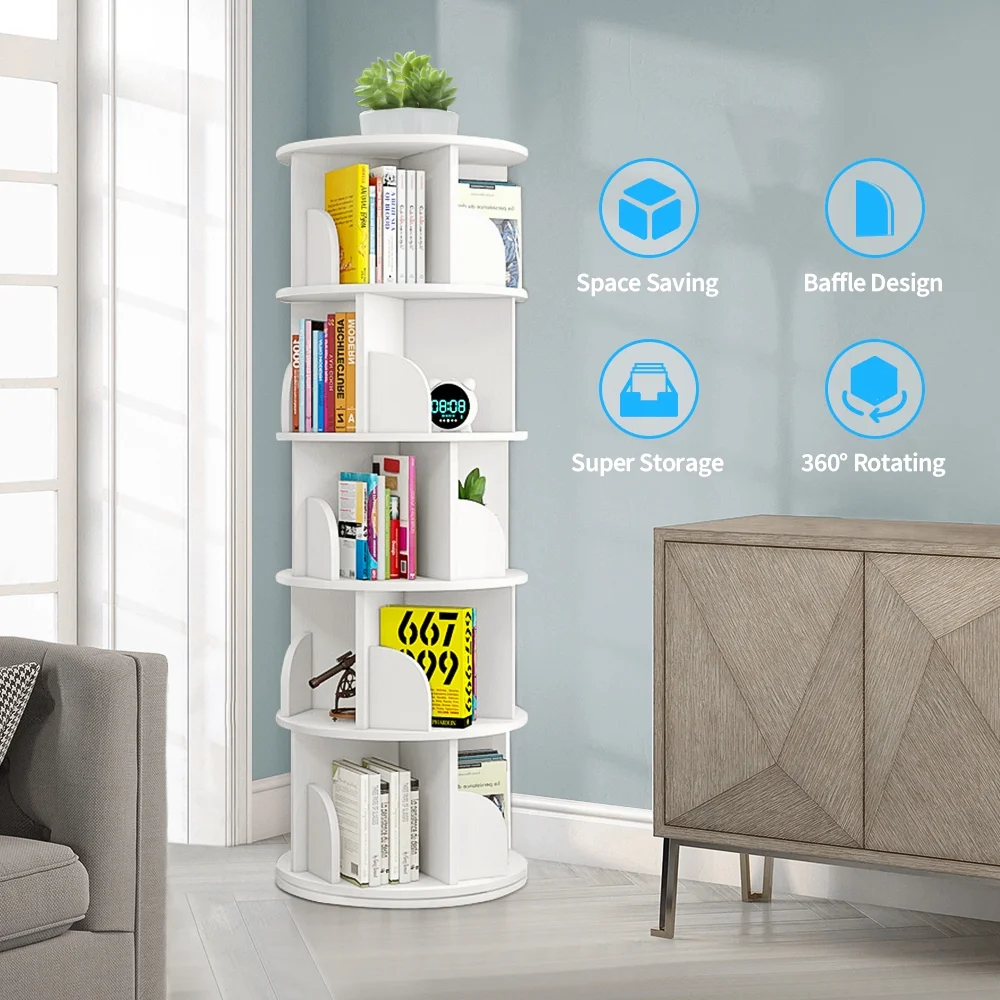 5 Tier Rotating Bookshelf, 360?�� Revolving Bookcase 20 Shelves Floor-Standing Storage Display Rack White 63"x18"x18", Adult(White) - Image 3