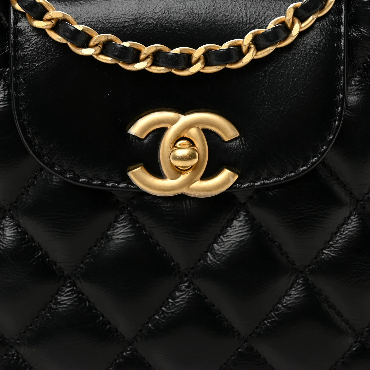 Shiny Aged Calfskin Quilted Nano Kelly Shopper Black