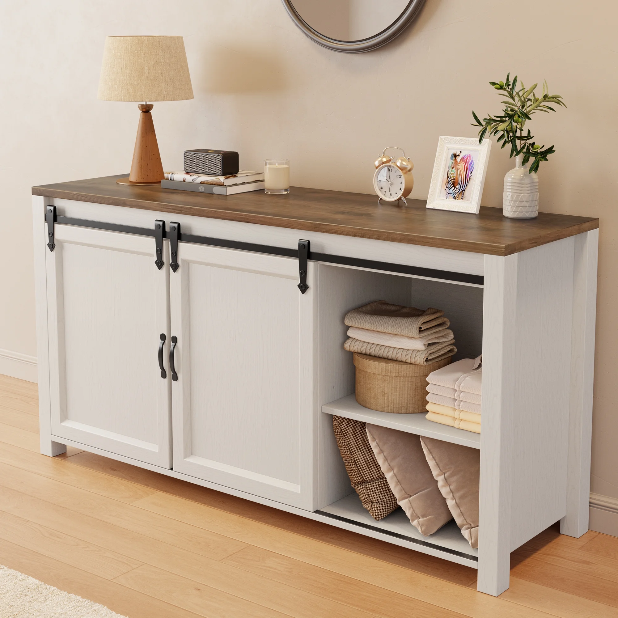 Coffee Bar Cabinet, 60" Buffet Cabinet with Storage, 2 Sliding Barn Doors 4 Drawers for Kitchen, White + Rustic Brown(Single) - Image 9