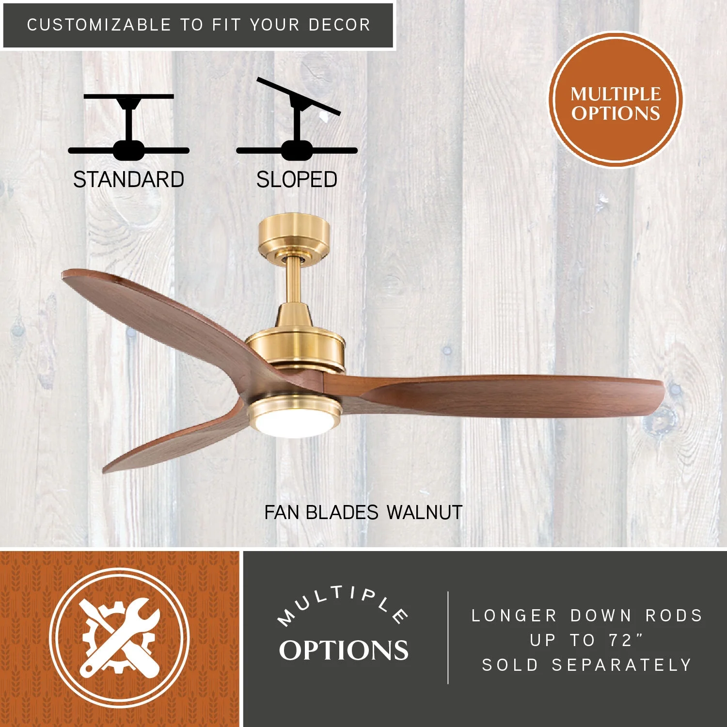 Curtiss Satin Brass Mid-Century Modern MCM Wood Propeller Ceiling Fan with LED Light Kit and Remote(Satin Brass) - Image 10