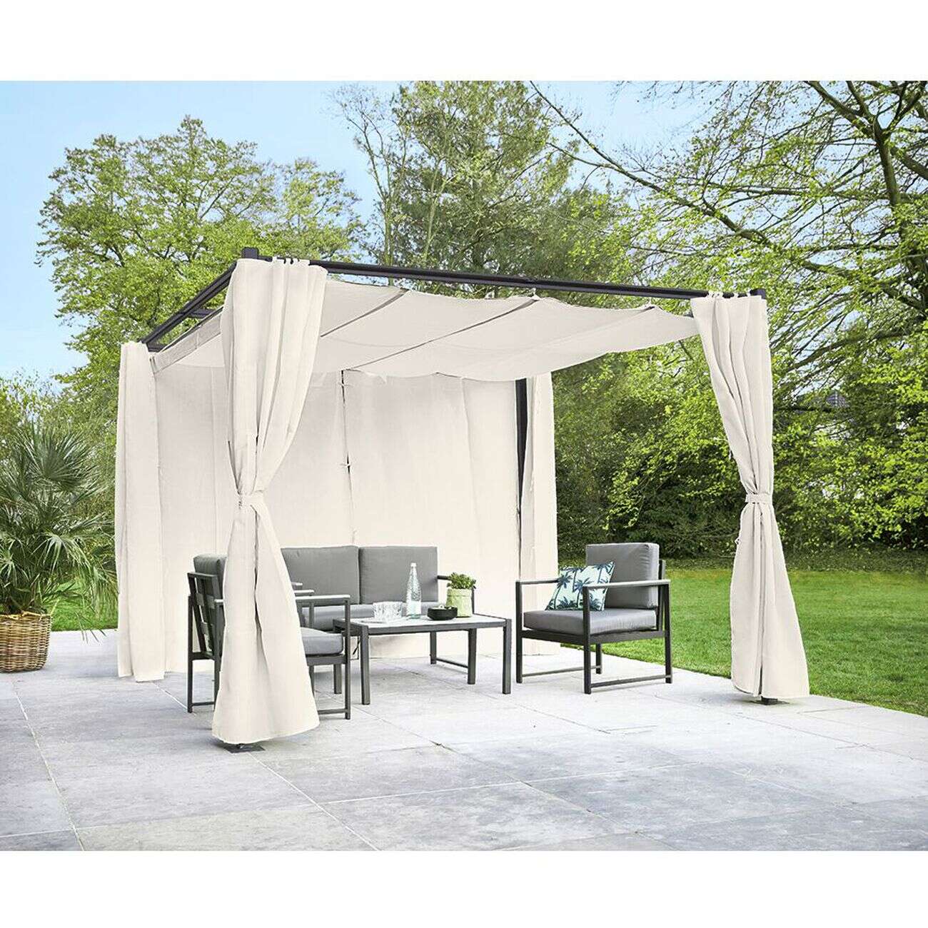 Tonnelle carrée Rome toit rétractable et rideaux écru UPF50+ 285x285xH220cm 8,1m²
