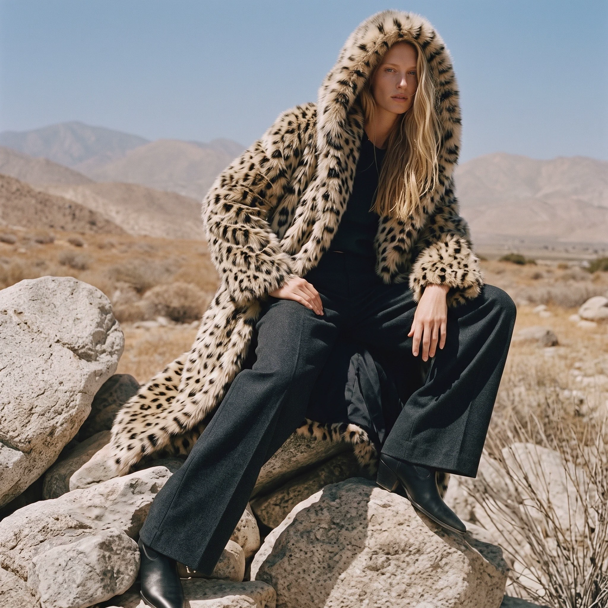 Woman wearing a long hooded leopard-print faux fur coat in a desert landscape