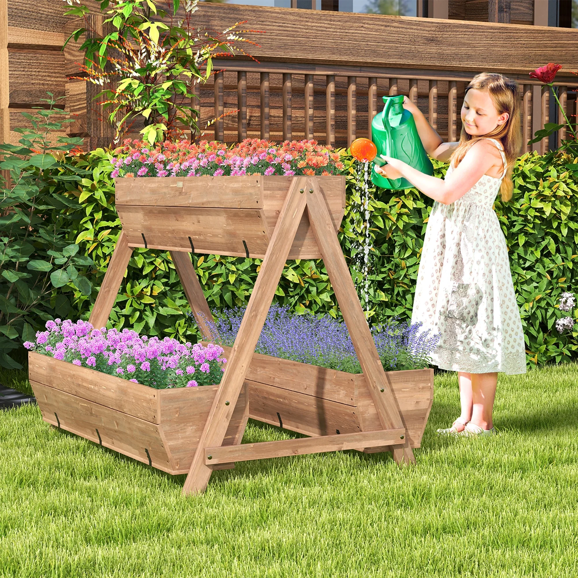 Gymax Vertical Raised Garden Bed Wood Tiered Plant Stand w/ 3 Planter Containers