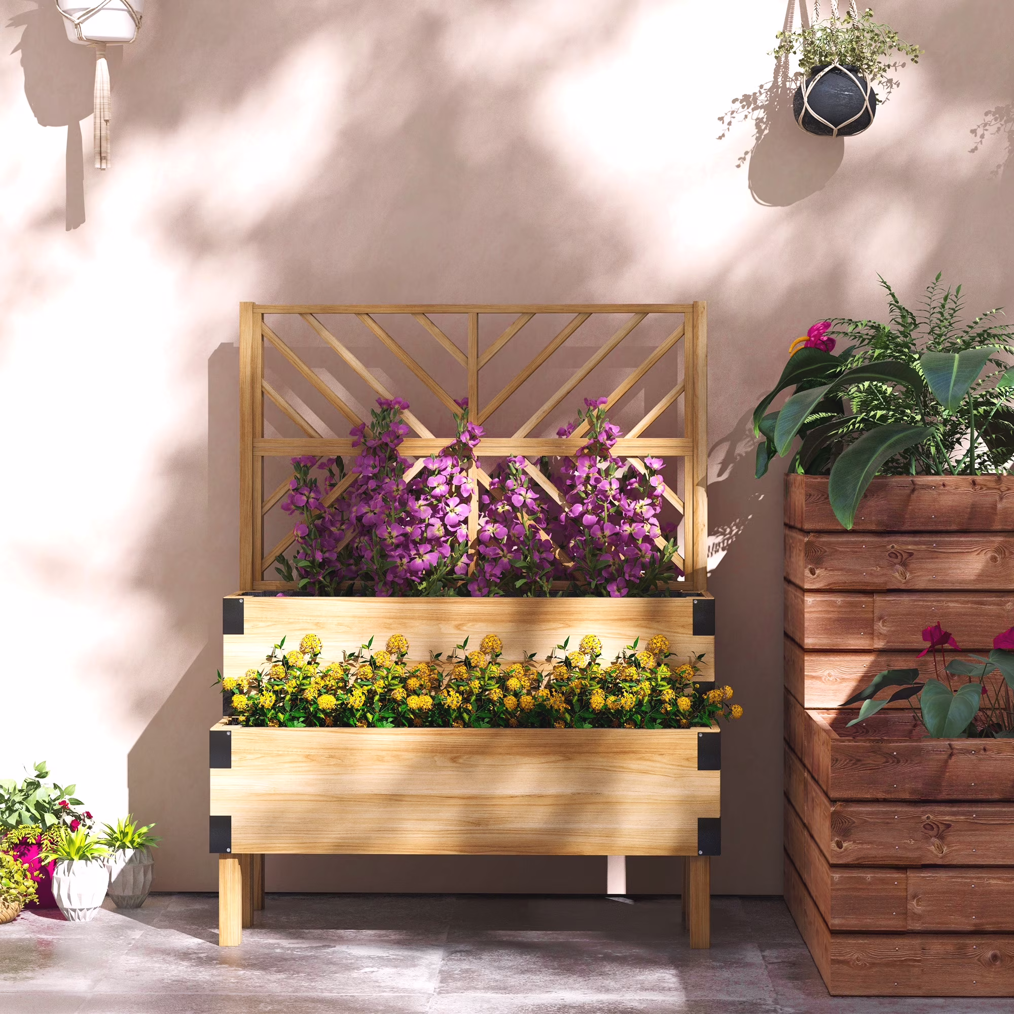 2 Tier Trellis Planter, Wooden Raised Garden Bed - Gray/Natural Wood