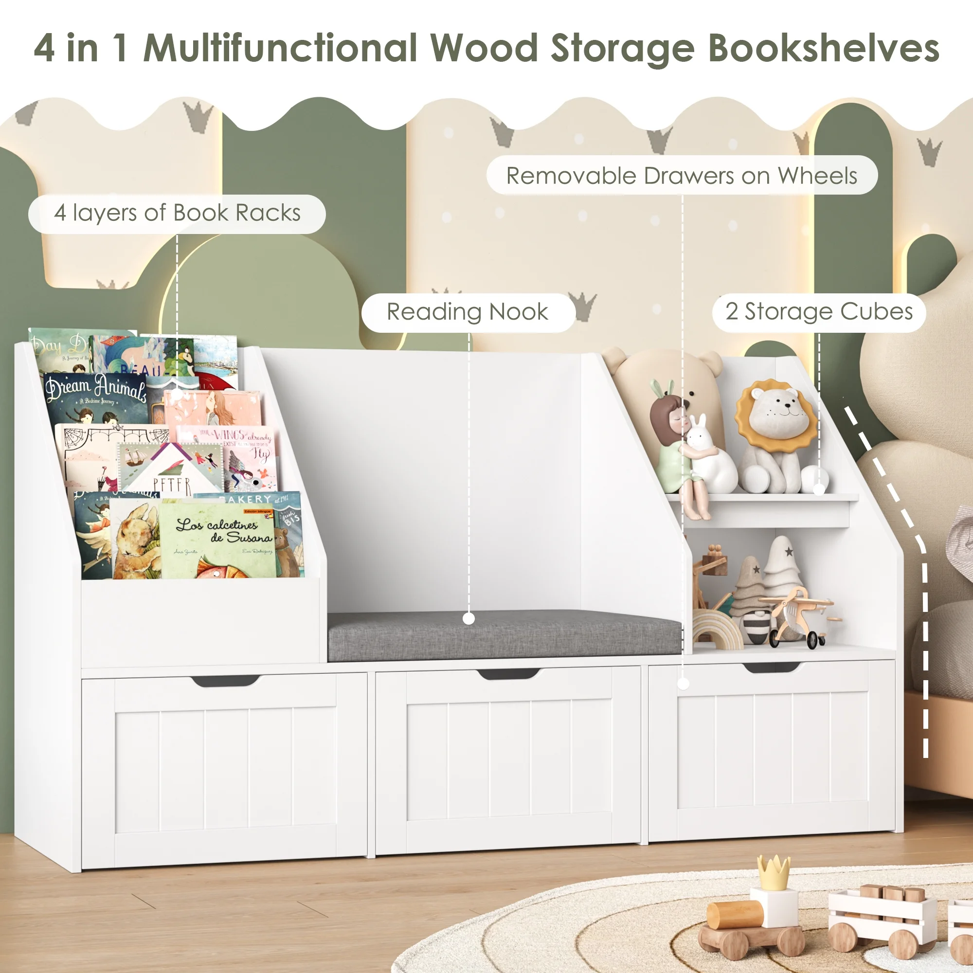 Kids Bookshelf with Reading Nook 3 Movable Drawers, 2 Cube Bookcase with 4-Tier Book Racks, Toy Storage Organizer for Playroom Bedroom, White(White) - Image 8
