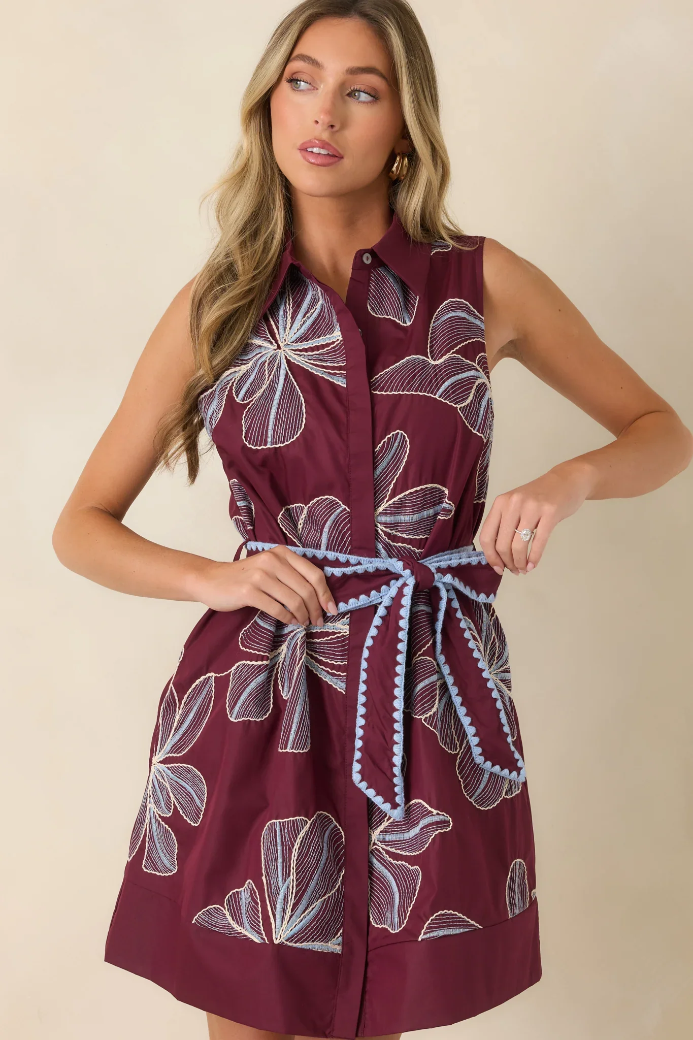 Burgundy Floral Embroidered Collared Mini Dress