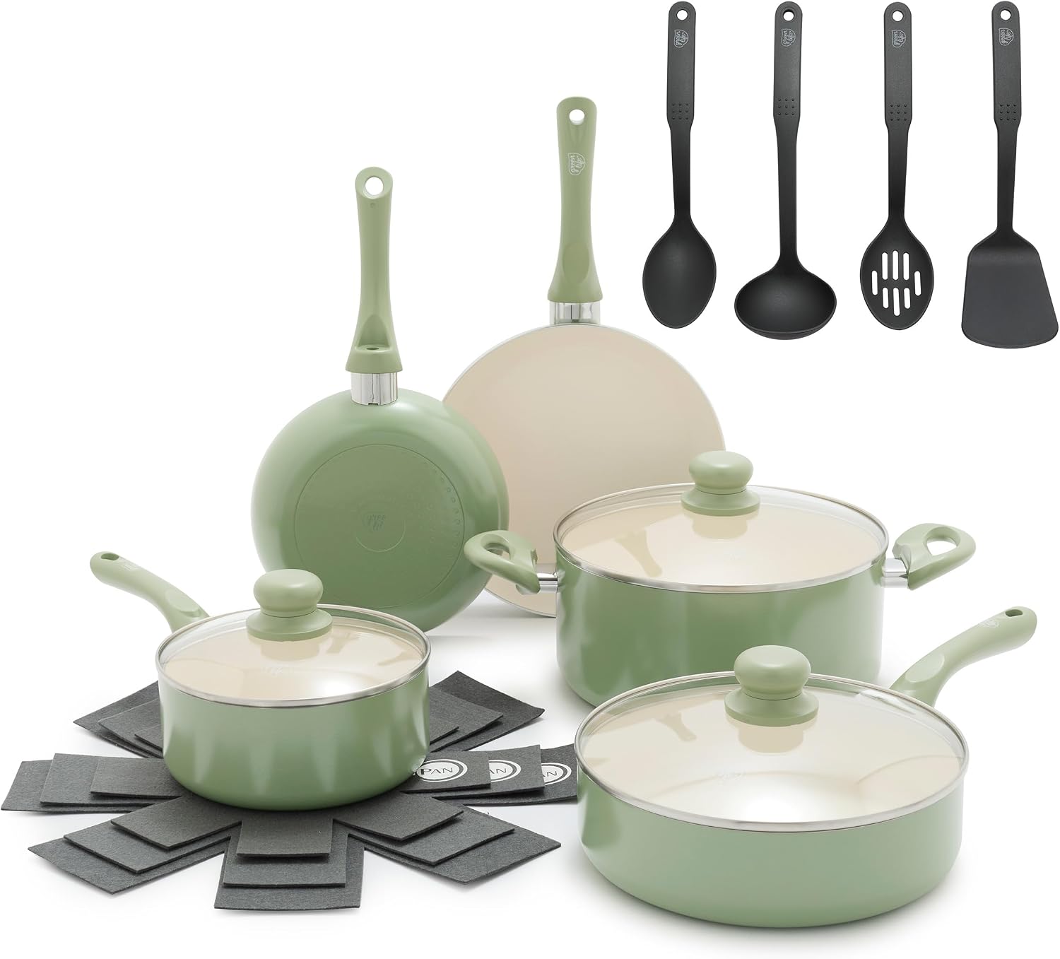 GreenLife 16pc Ceramic Nonstick Pots & Pans Cookware Set, Sage Green