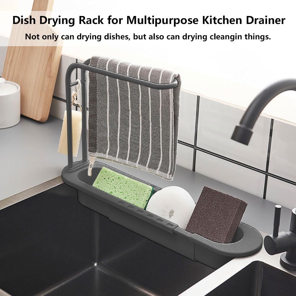 Adjustable Kitchen Sink Caddy with Towel Holder, Drain Strainer with Hanging Hook, Multipurpose Sponge Holder Dish Drying Rack in Sink, Kitchen Drainer Countertop Organizer & Storage Rack