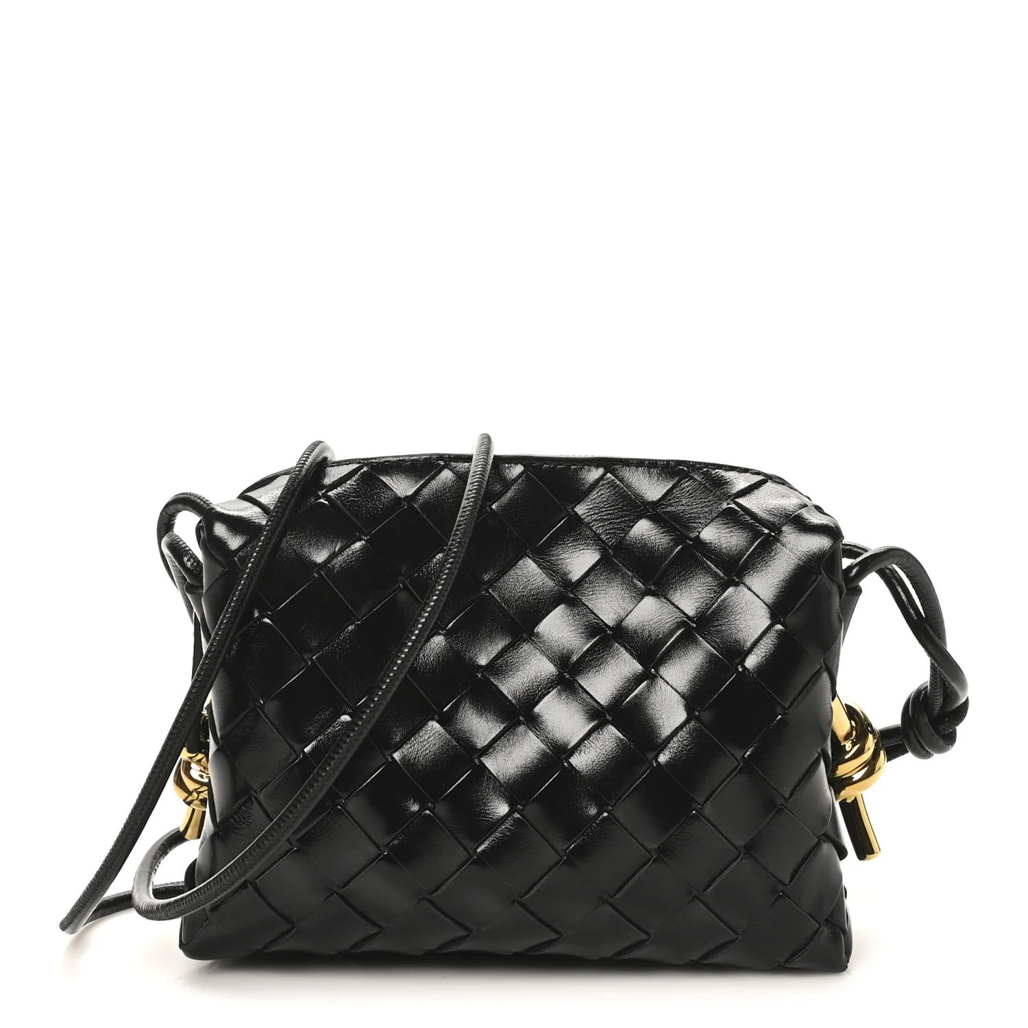 Polished Nappa Intrecciato Metallic Knot Mini Loop Camera Bag Black