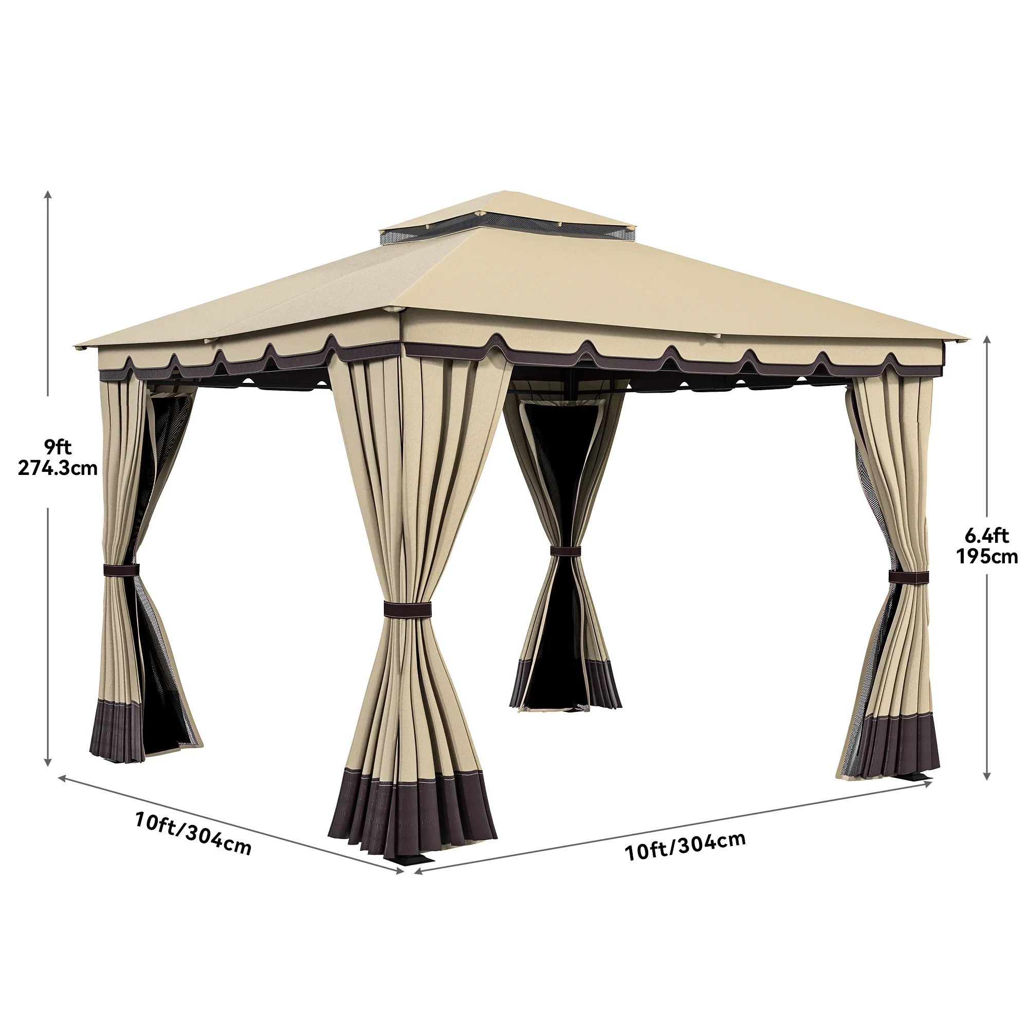 Dextrus10' x 10' Outdoor Gazebo for Patios, Double Roof Soft top Canopy Gazebo with Mosquito Netting and Curtains, Soft Fabric Top Garden Winds Tent ,Khaki