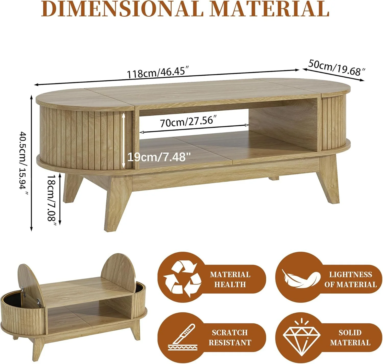 Fluted Coffee Table with Storage, Modern Coffee Tables, Wood Accent Center Table(Wood) - Image 4