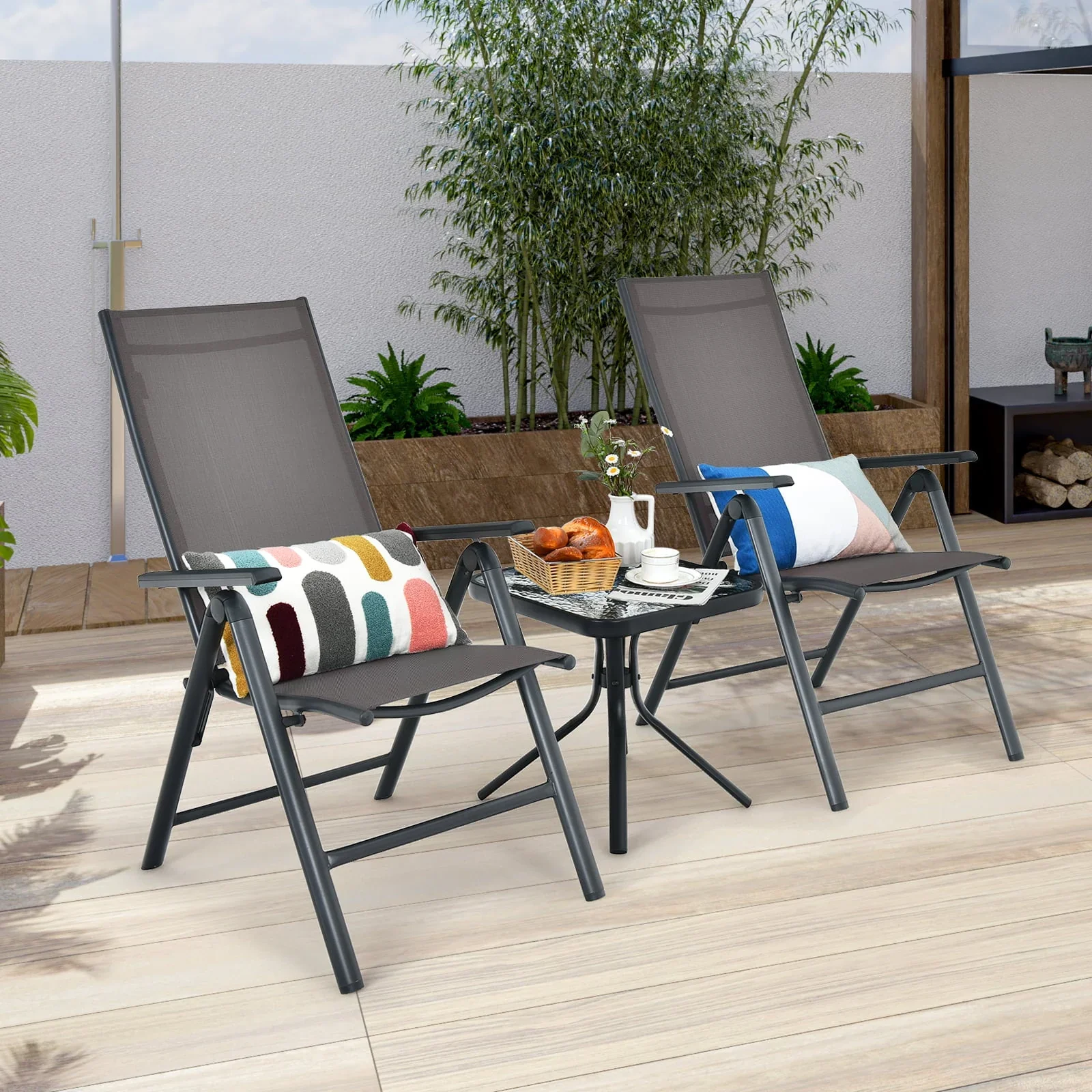 Costway 3PCS Bistro Set Folding Adjustable Chairs Square Glass Table Garden