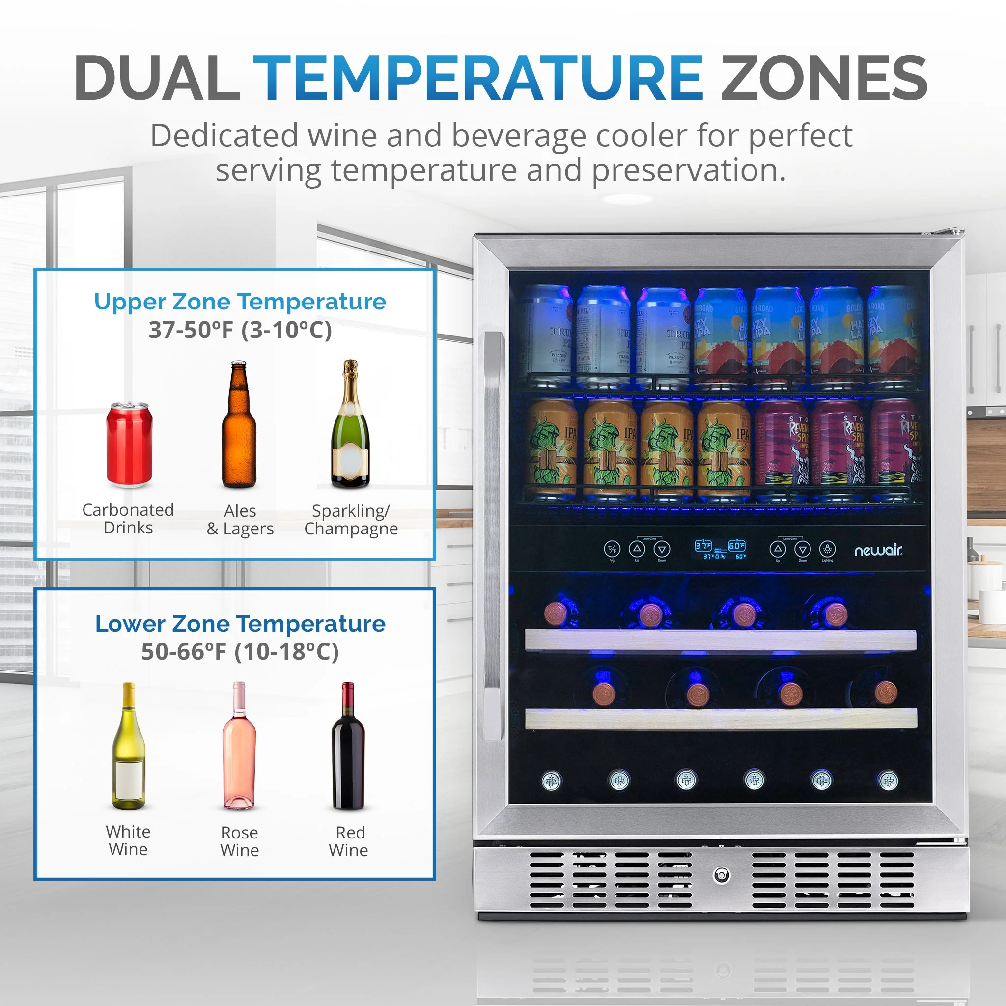 Newair 70-Can, 20-Bottle Built-in Dual Zone Beverage Fridge - 24