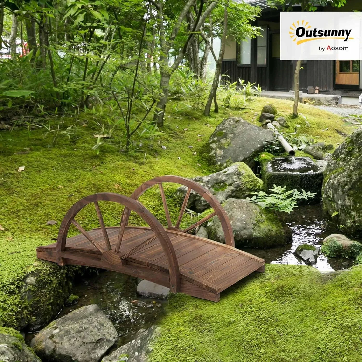 3.3ft Wooden Garden Bridge Arc Footbridge with Half-Wheel Style Railings & Solid Fir Construction, Stained Wood