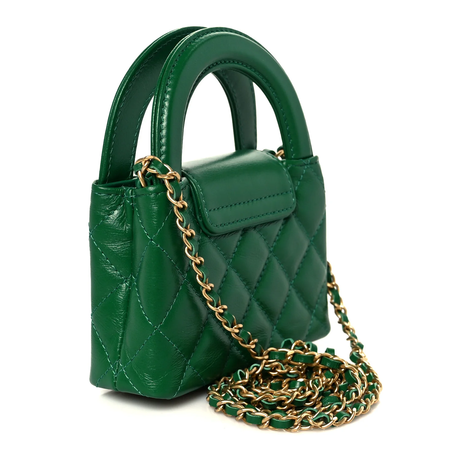 Shiny Aged Calfskin Quilted Mini Nano Kelly Shopper Green
